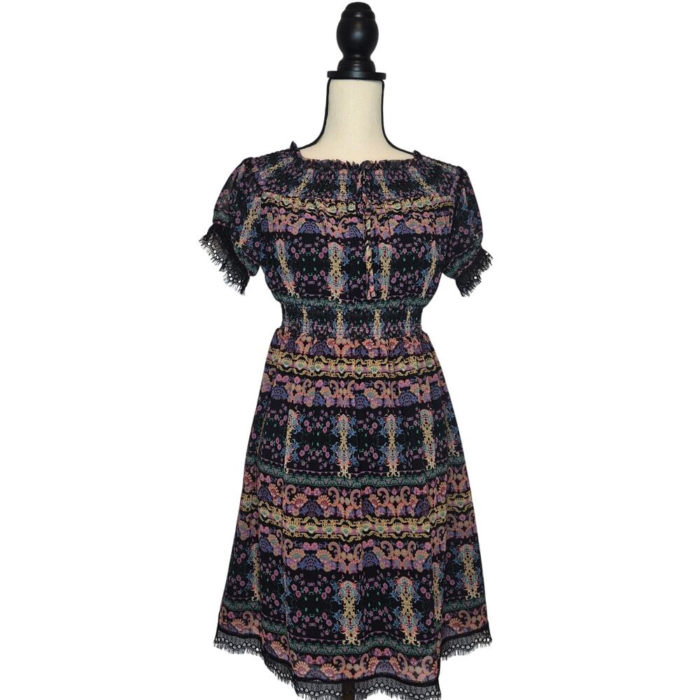Sui Anna Sui Smocked Boho Peasant Dress Black Lace Multicolor Tribal Print Sz S - Picture 1 of 11
